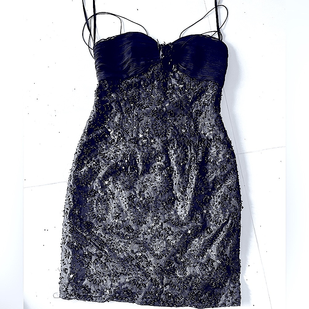 Oleg Cassini Black Tie Strapless Beaded Sequin Cocktail Dress